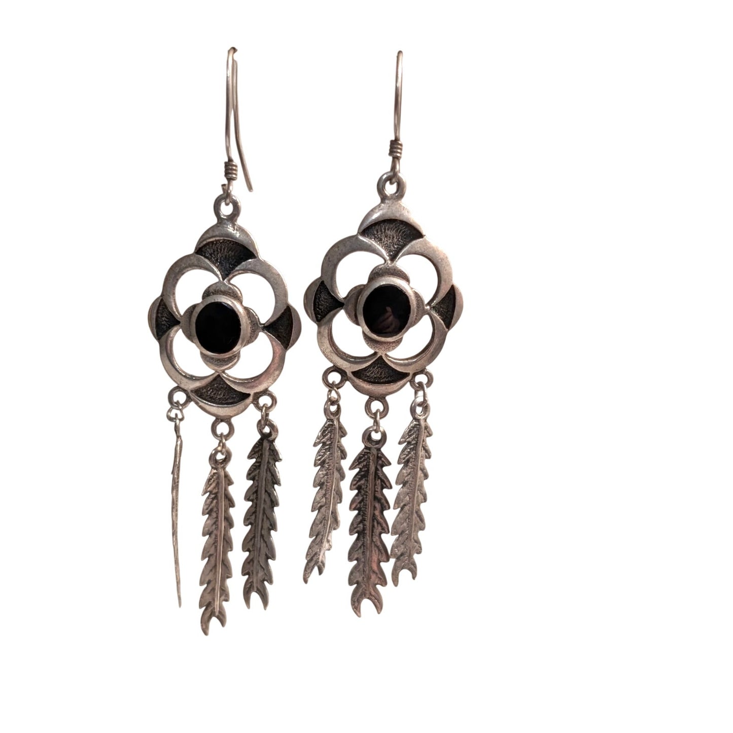 Vintage Sterling Silver Black Onyx Inlay Floral Three Feather Dangle Earrings