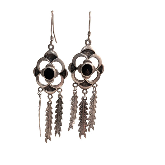 Vintage Sterling Silver Black Onyx Inlay Floral Three Feather Dangle Earrings