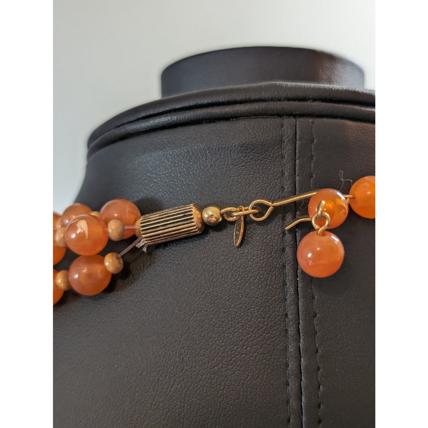 Vintage Signed Avon 3-Strand Faux Amber Carved Cinnabar Wood Bead 35" Necklace