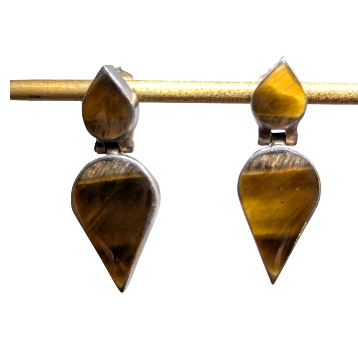 Vintage 925 Sterling Silver Marked Chile Tiger's Eye Hinged Dangle Post Earrings