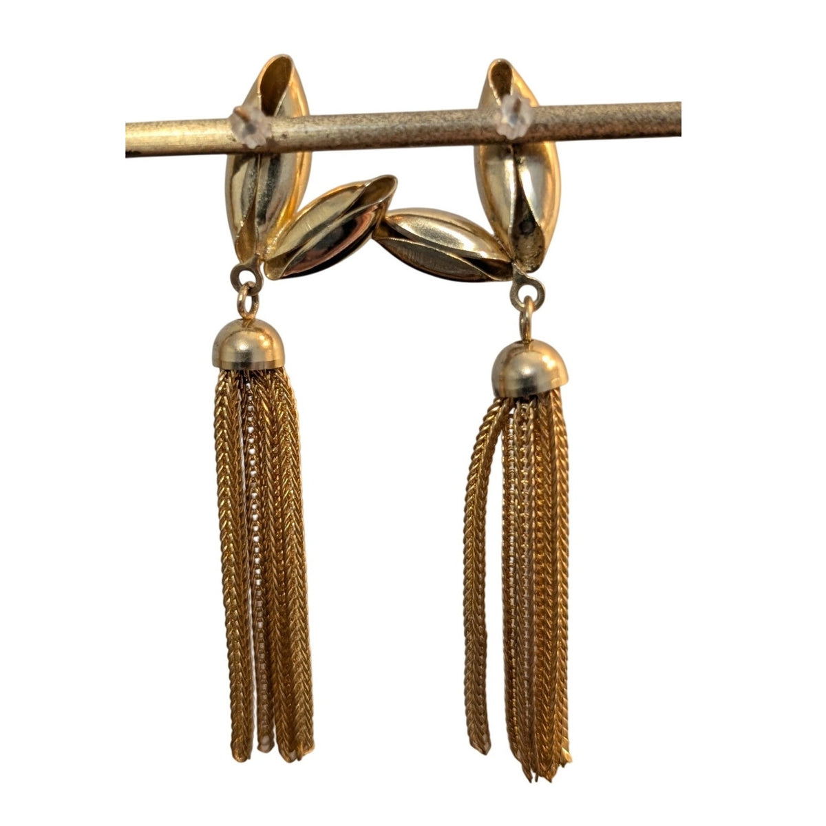 Vintage Gold Tone Leaf Multi-Chain Tassel Dangle Pierced Earrings