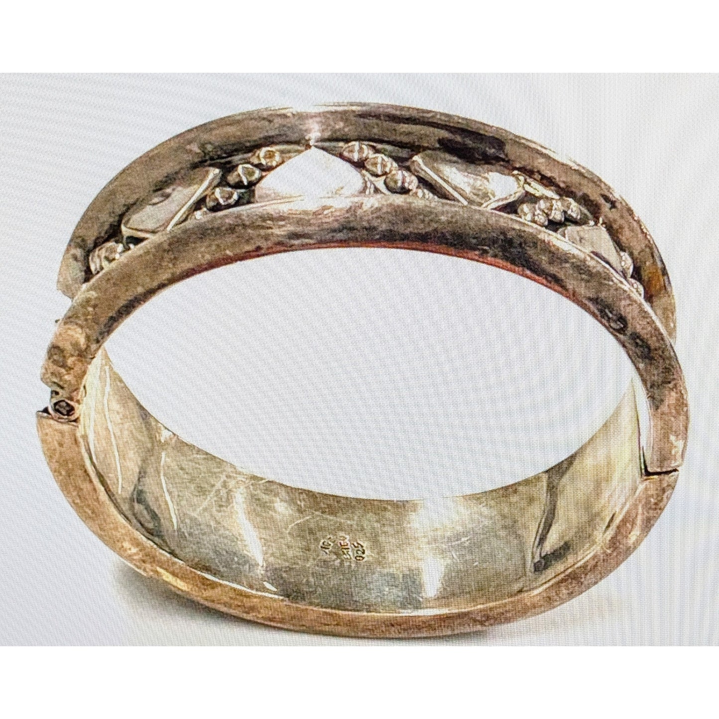 Taxco 925 Sterling Silver Mexico Wide Heart Hinge Bangle Bracelet Size 7.5"57.8g