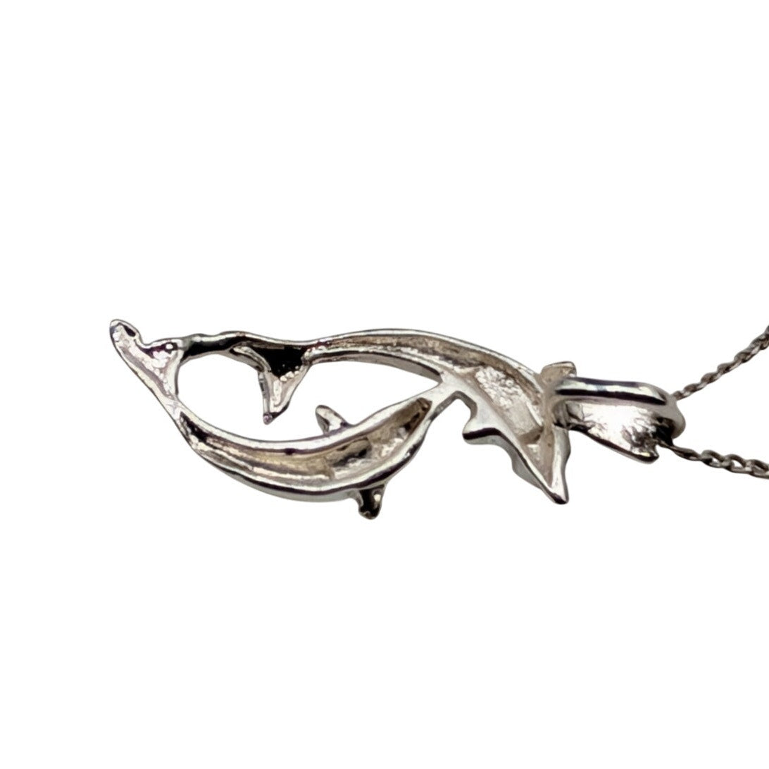 925 Sterling Silver Two Dolphins Playing Pendant 16" Chain Necklace