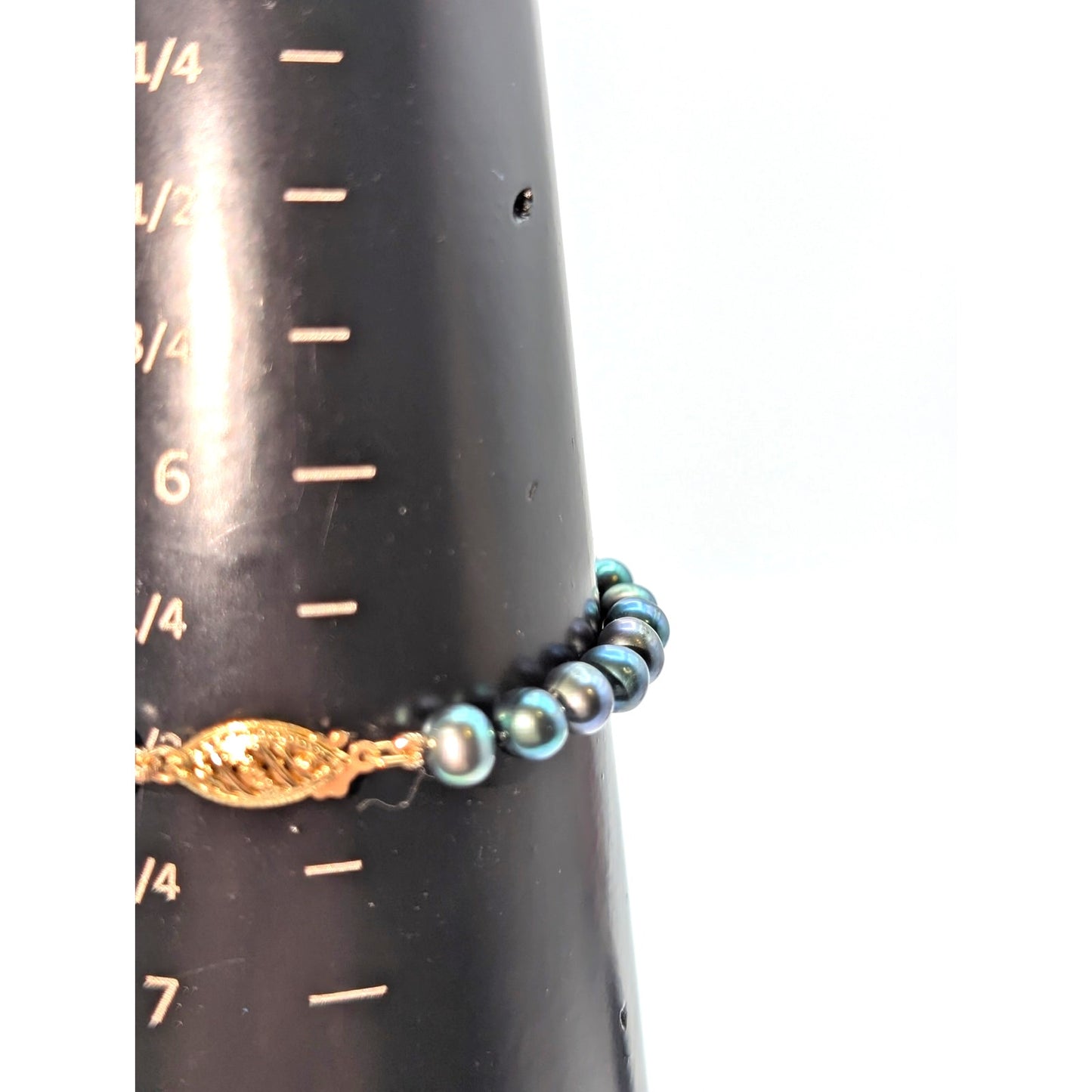5mm Blue Green Hand Knotted Pearl Bracelet 14K Gold Filigree Slide In Hook Clasp