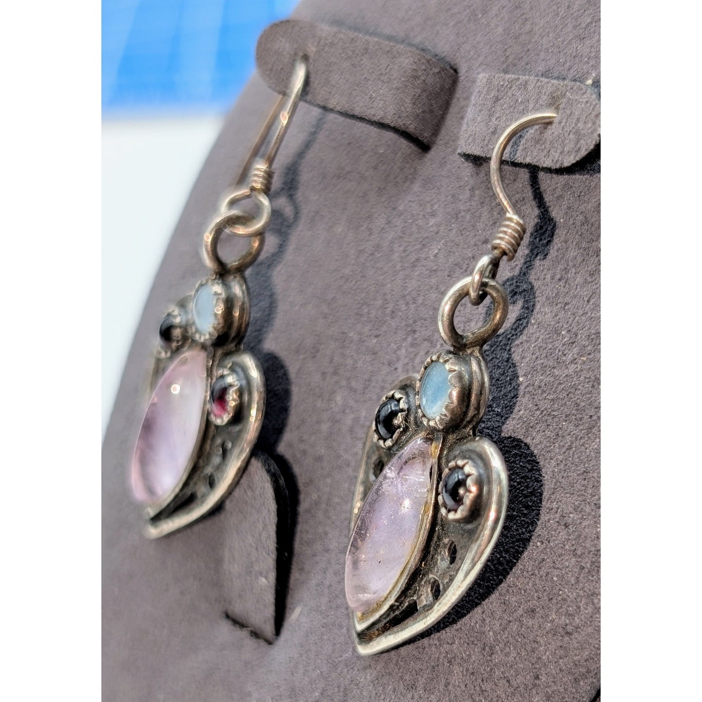 Uma 925 Sterling Silver Heart Dangle Gemstone Earrings