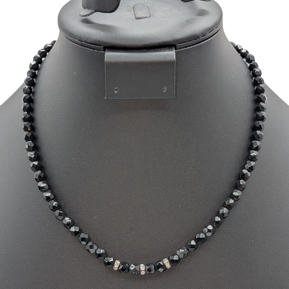 Vintage Black Faceted Glass Crystal Rondelle Bead 18.5" Necklace