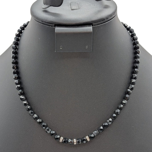 Vintage Black Faceted Glass Crystal Rondelle Bead 18.5" Necklace