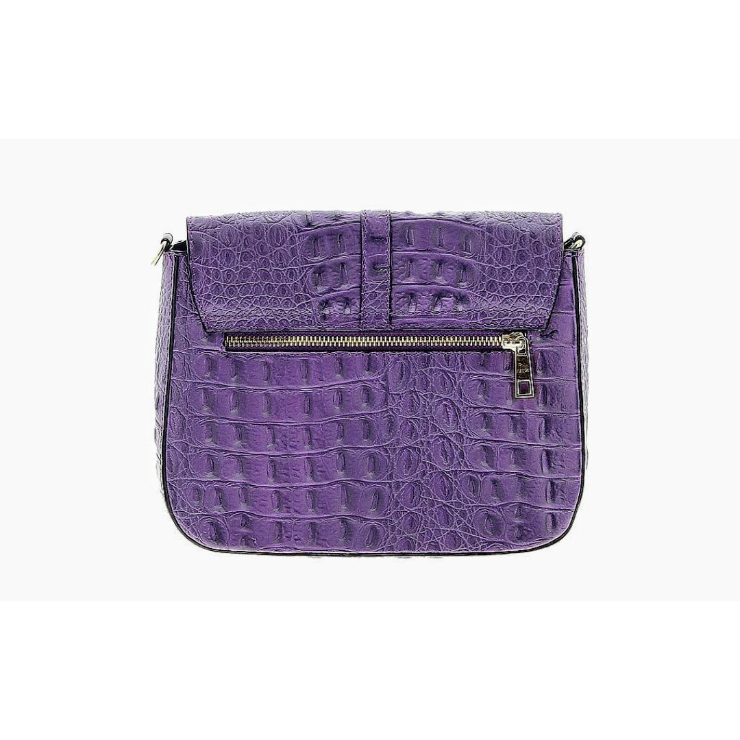 Firenze Italy Purple Leather Croc Embossed Long Strap/Short Strap Shoulder Bag