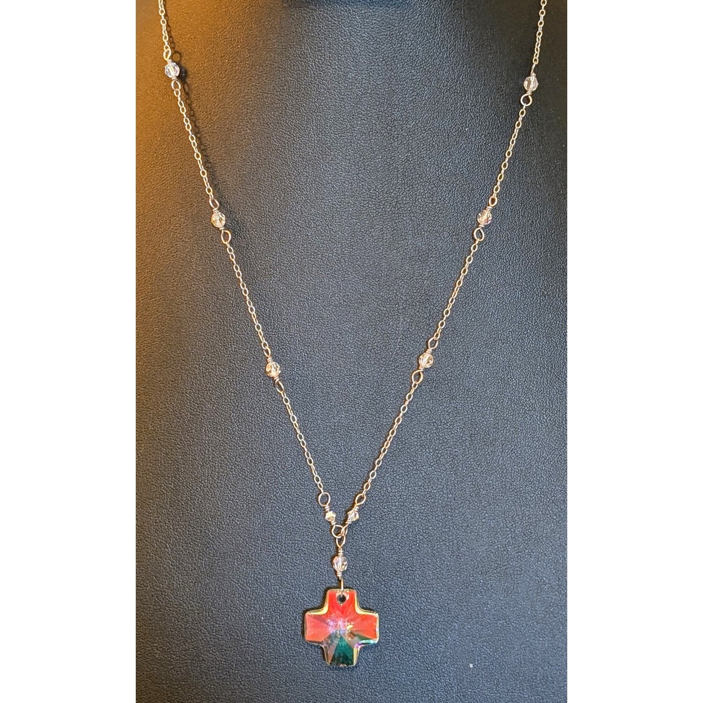 Crystal Prism Cross Pendant on Crystal Beaded 925 Sterling Chain