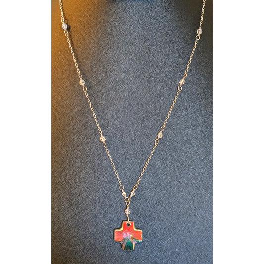 Crystal Prism Cross Pendant on Crystal Beaded 925 Sterling Chain