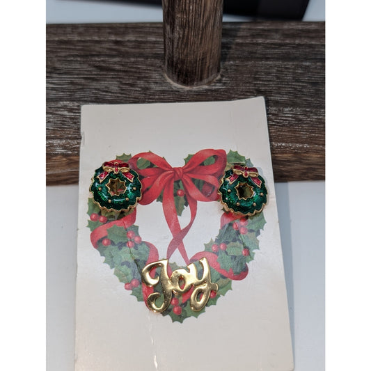 Mixed Lot of Christmas Joy Lapel Pin & Christmas Wreath Clip On Earrings NWT