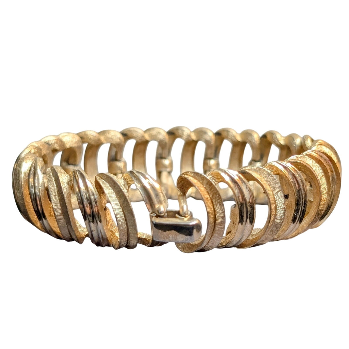 Vintage Signed CROWN TRIFARI Brushed & Polished Gold Tone Link Bracelet