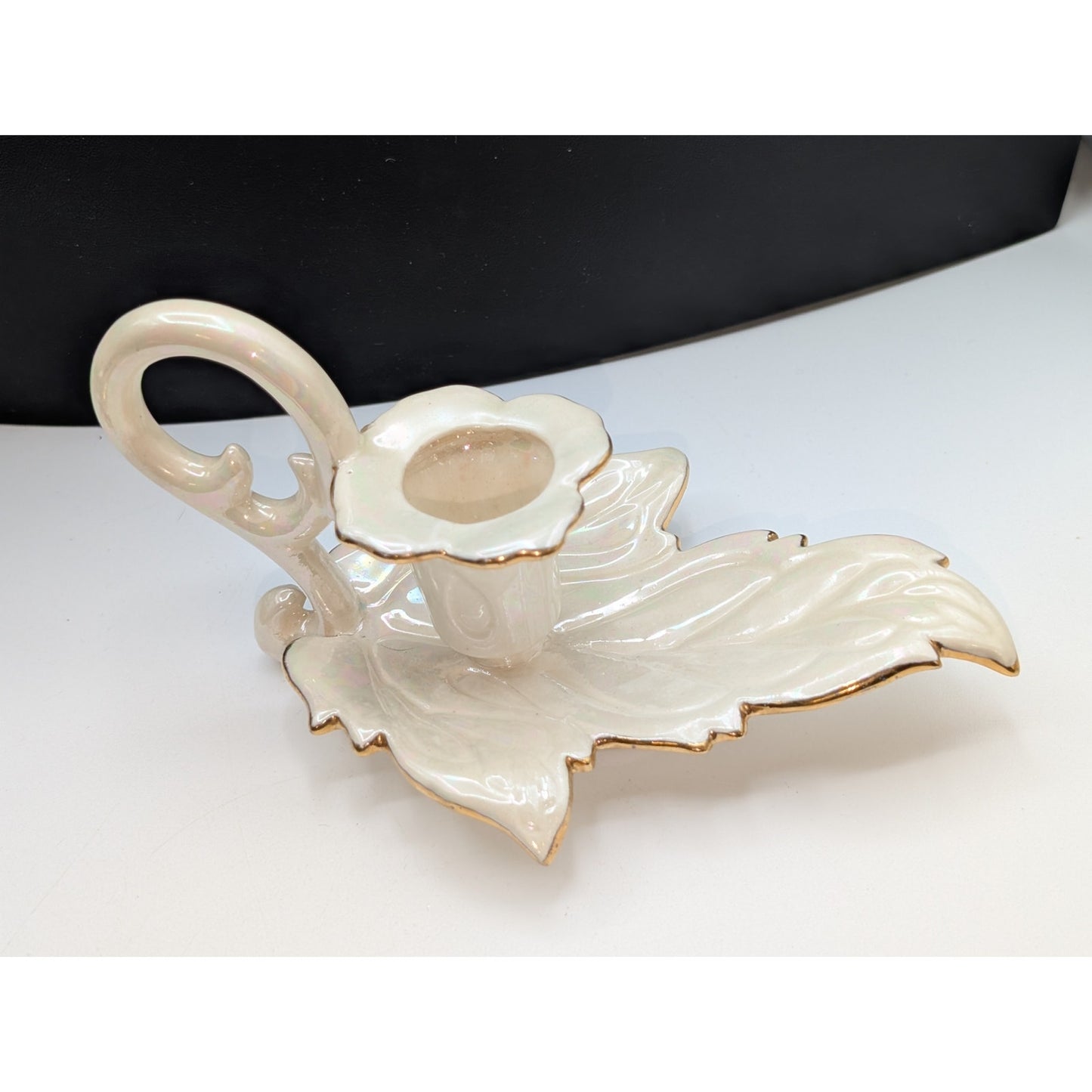 Vintage Signed 1953 Iridescent Cream Gold Trimmed Leaf Candle Holder
