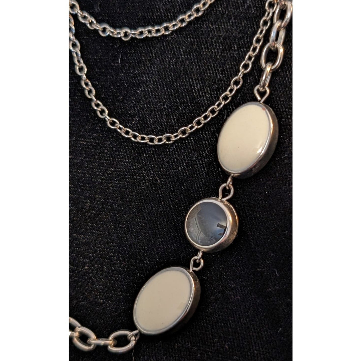 Long Silver Tone One Strand To Four Chain W/ Cream & Black Bead Necklace