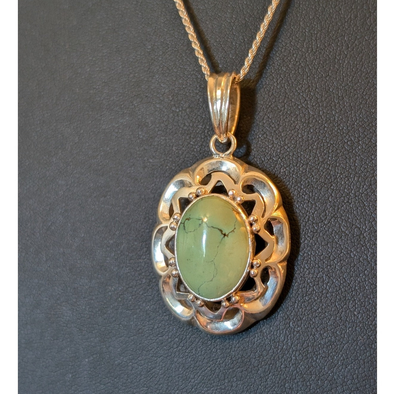 925 Sterling Mint Green Stone Filigree Setting Sterling Rope 20" Chain Necklace