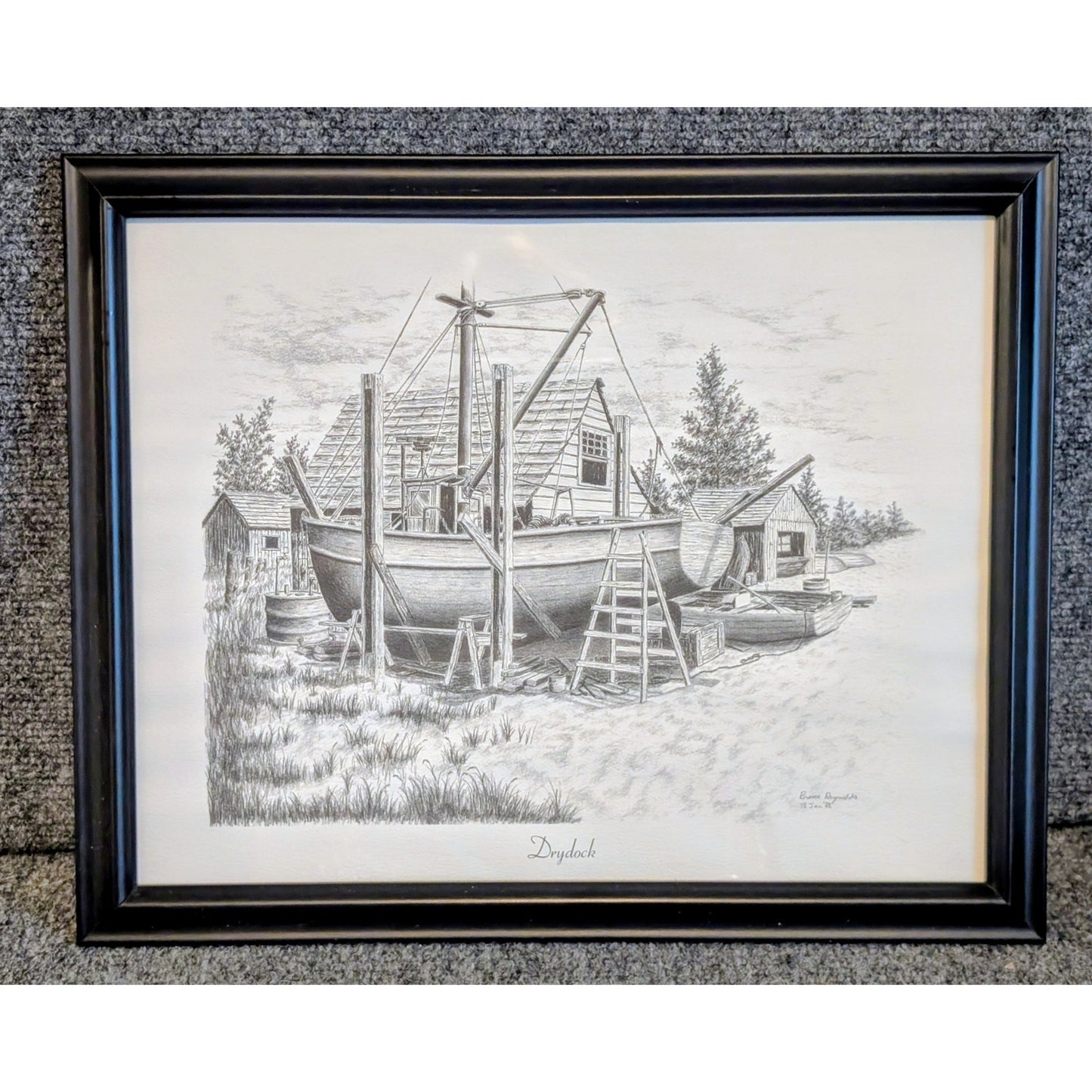 Original Artist Signed Bruce Reynolds Black Wood Framed Pencil Drawing 'Drydock'