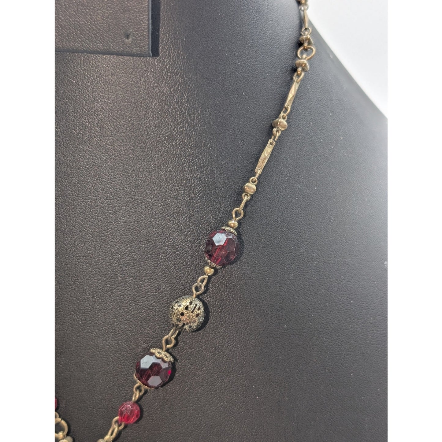 Antiqued Bronze Metal & Red Crystal Medallion Pendant Chain 16.5"-19" Necklace