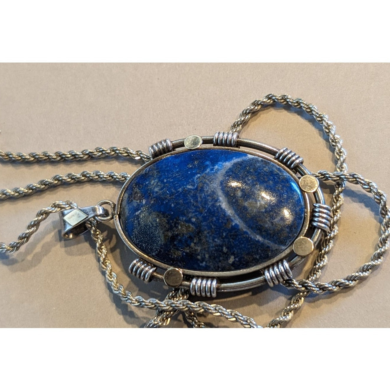 Blue Stone Bezel Set in Sterling Silver on Vintage Heavy Sterling Rope Chain