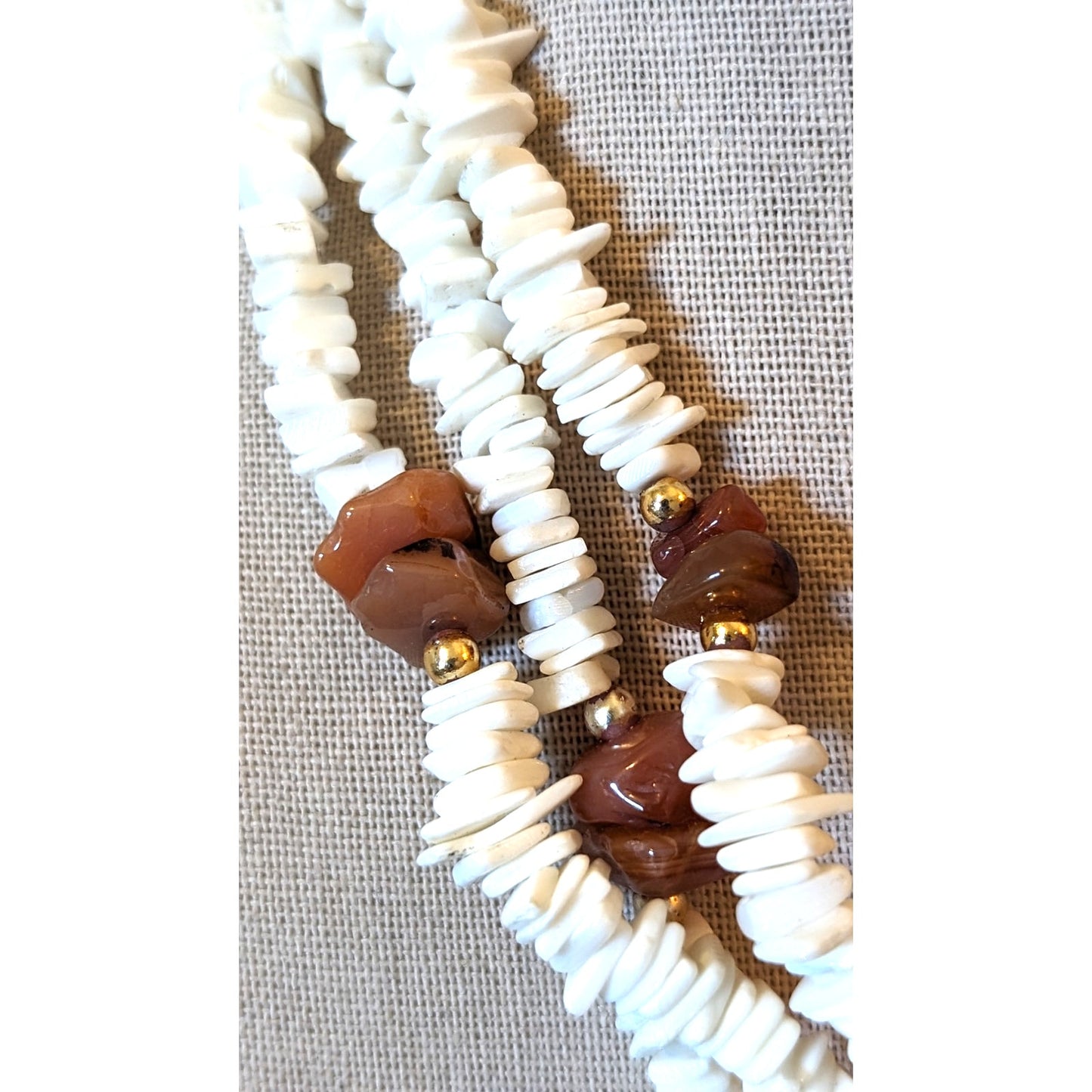 Three Strand Shell & Brown Chip Stone Beaded 19" Necklace W/ Barrel Clasp