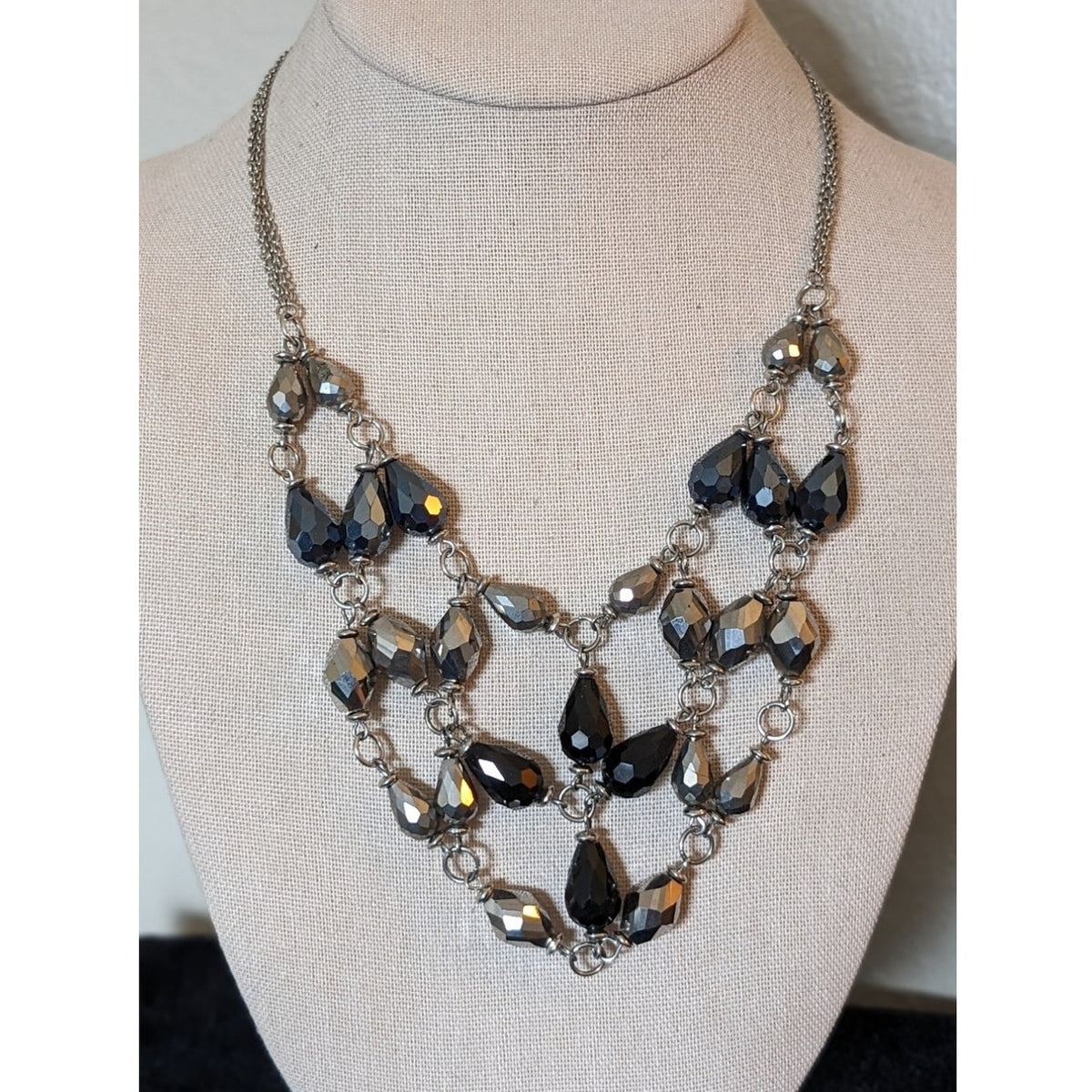 Silver & Black Metallic Crystal Web Beaded Silvertone Chain Statement Necklace