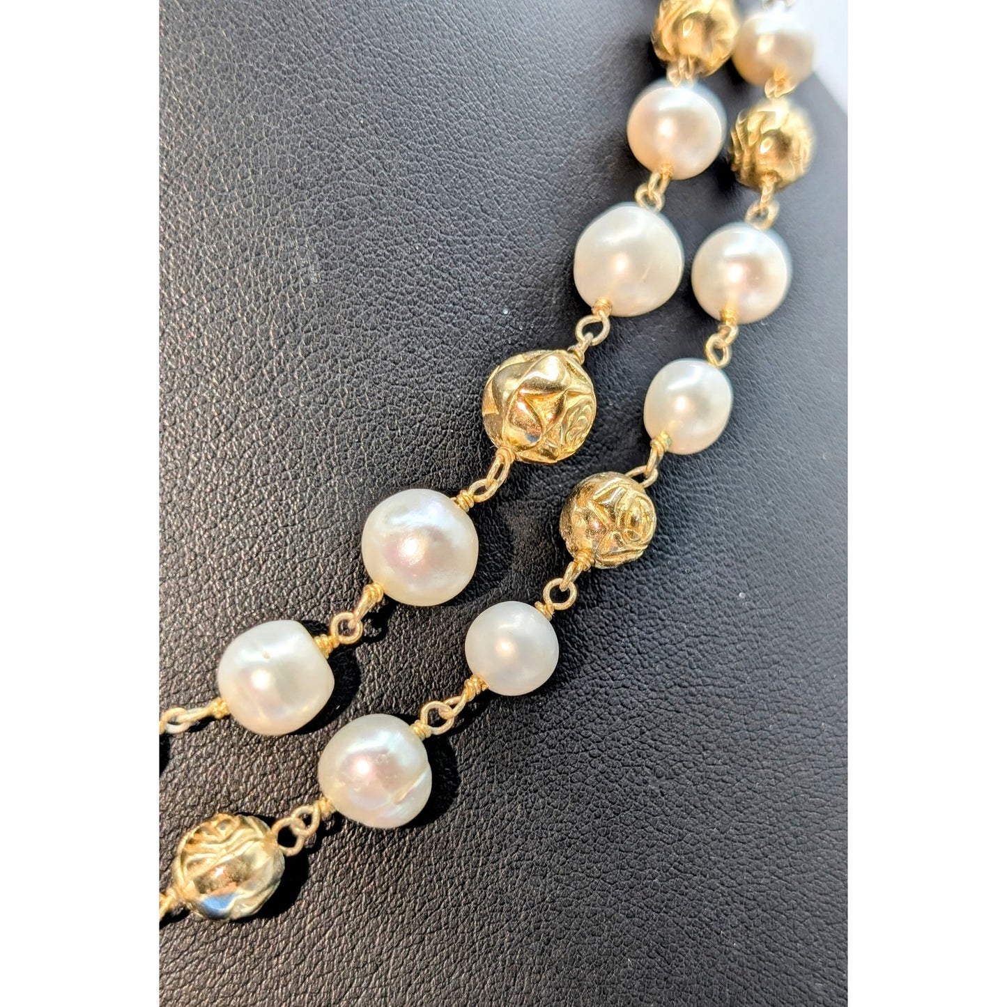 Vintage Gold Tone Rose Embossed Bead Genuine Pearl Double Strand Necklace