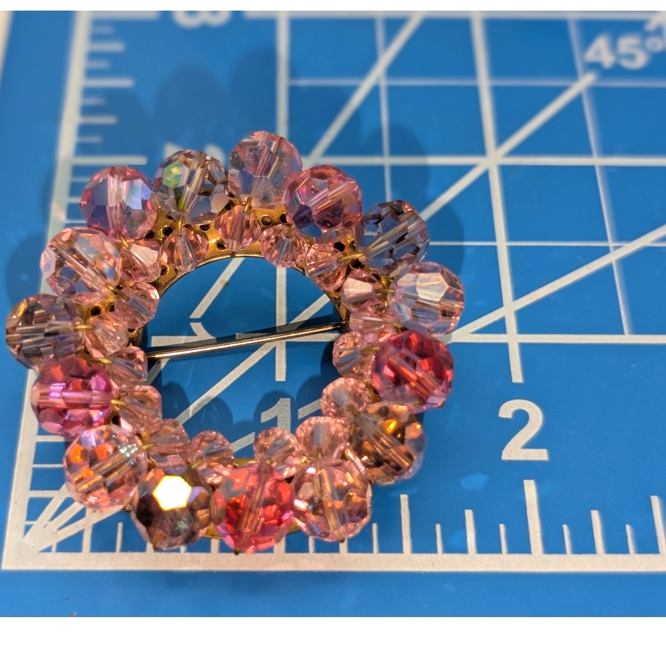 Vintage 1960s Shades of Pink Crystal Beaded Circular Wreath Brooch