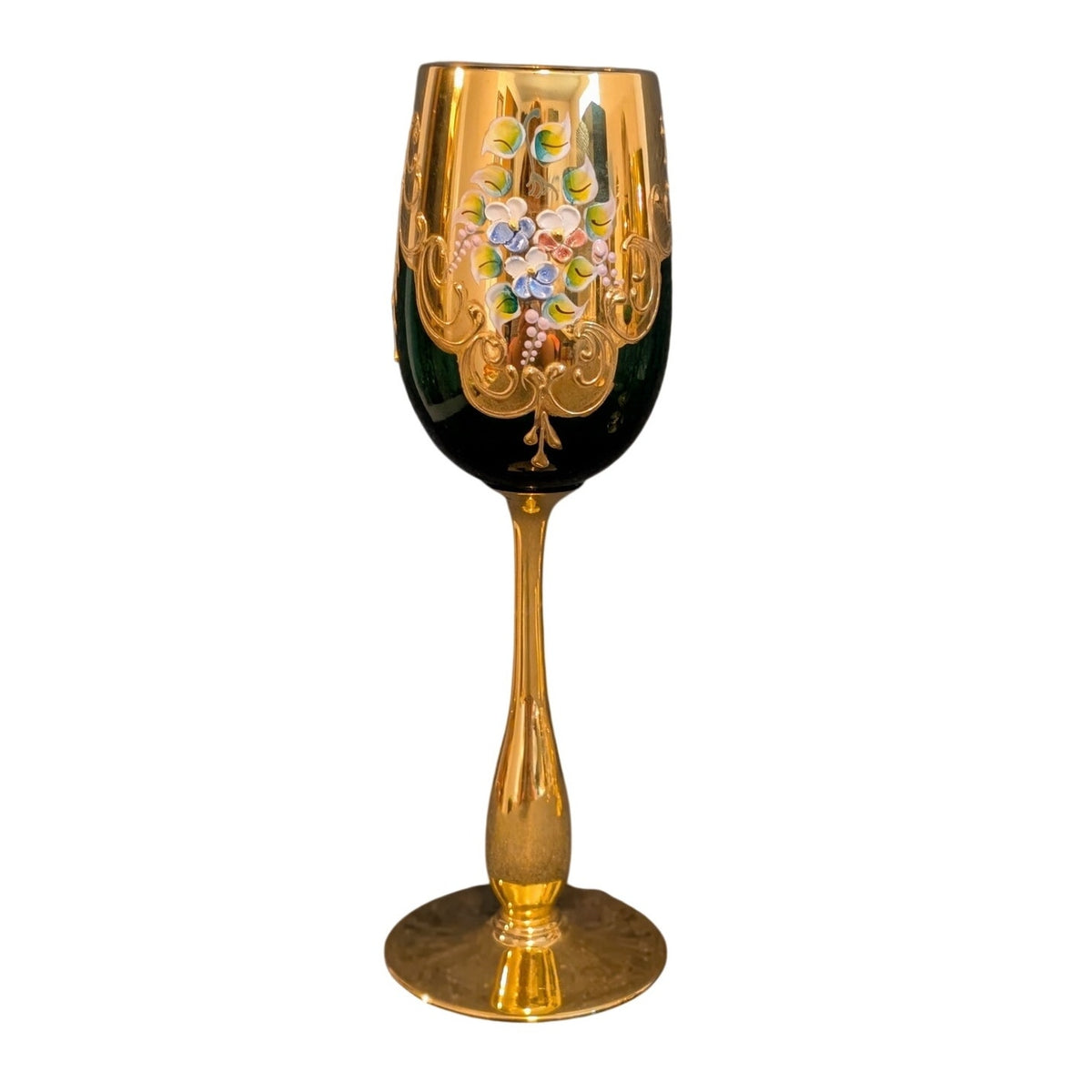 Vintage 50s Green Stem Wine Goblet Tre Fuochi Murano Italy Venetian Heavy Gilt