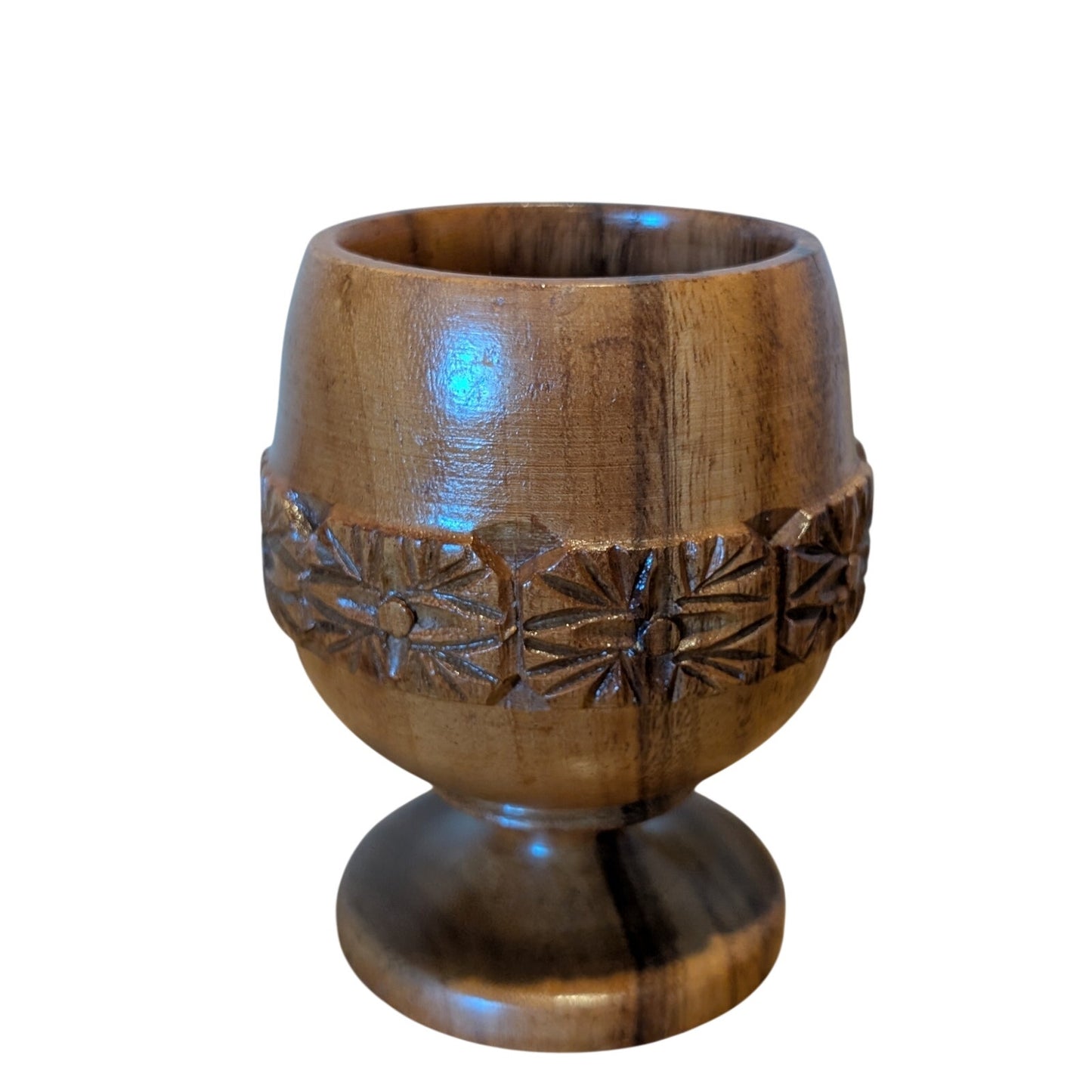 Vintage Wood Hand Carved Floral Design Goblet/Chalice Made In Philippines