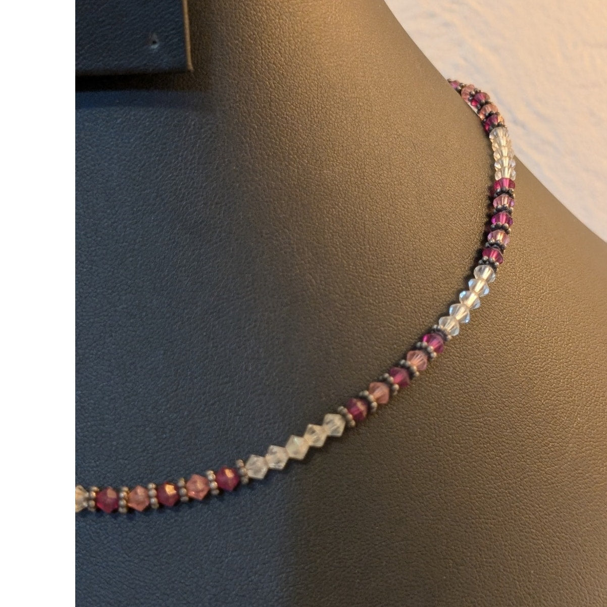 Vtg Boho Clear Purple Pink Crystal Bicone Bead Choker 17" Hook Clasp Necklace