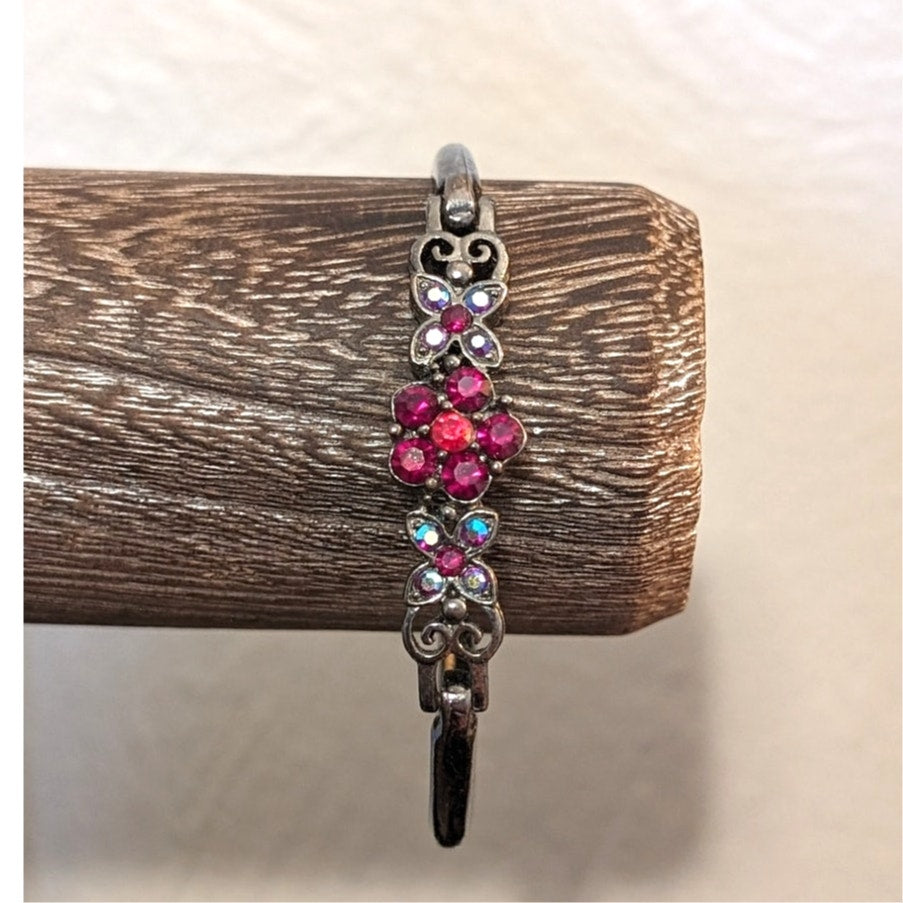 Vintage Floral Crystal Fold Over Clasp Three Piece Bangle Bracelet