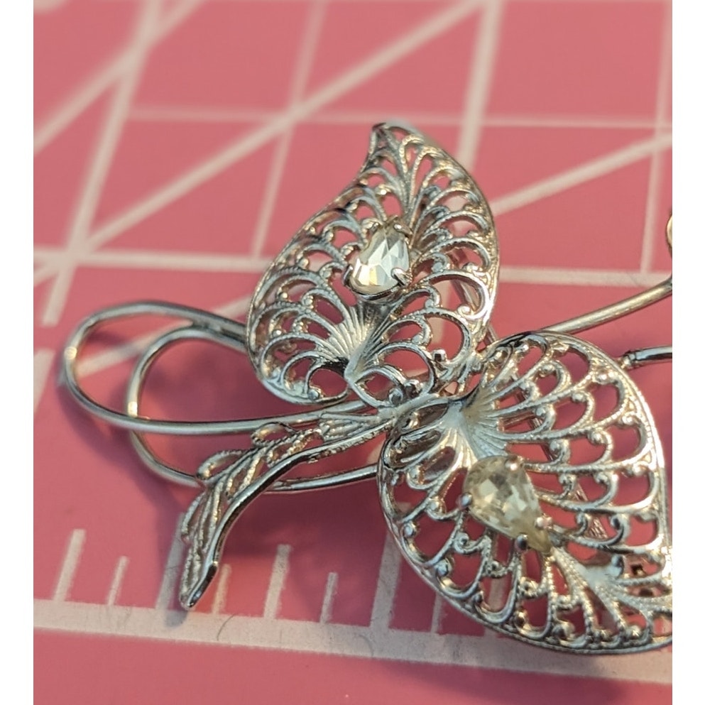 Signed Vintage Titan Sterling Filigree Rhinestone Floral Brooch