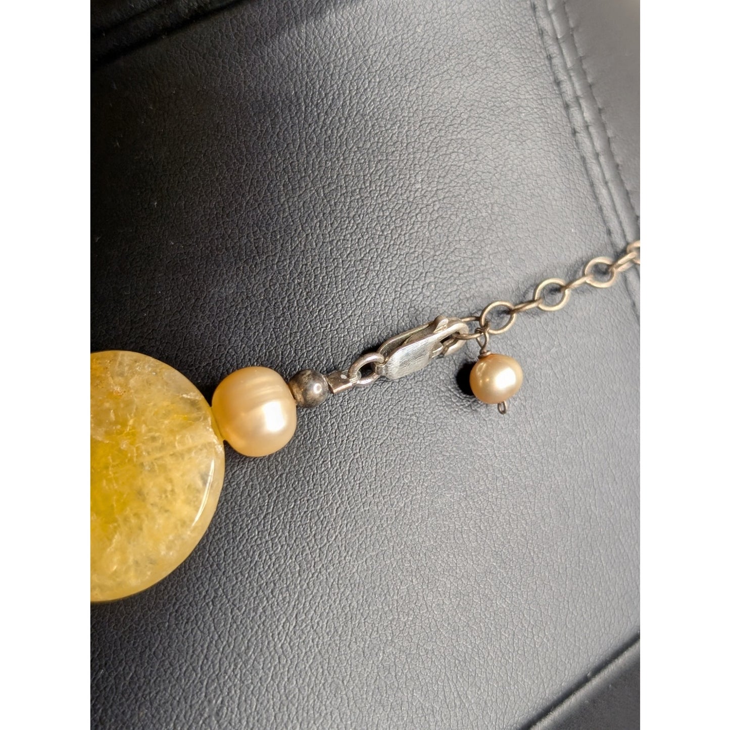 Vintage Sterling Silver Citrine Stone Champagne Genuine Pearl Beaded Necklace