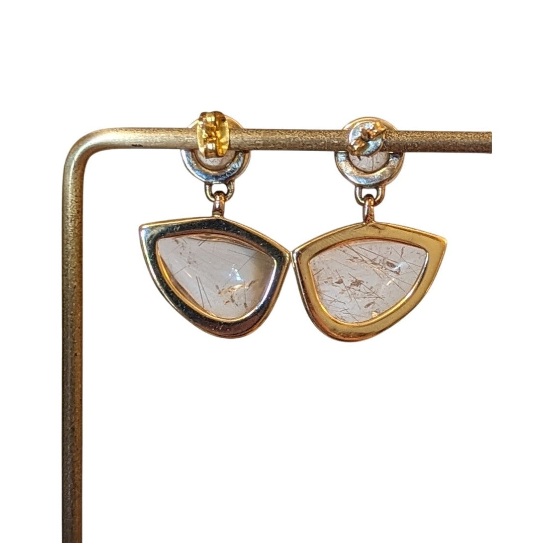 Gold-Plated Rutilated Quartz Geometric Dangle Post Earrings