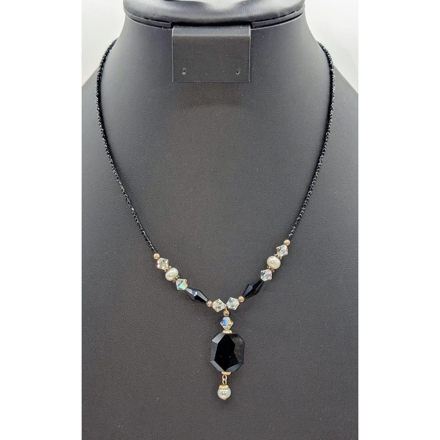 Black Glass Seed Beads & Pendant Bicone Clear & Black Crystal & Pearl Necklace