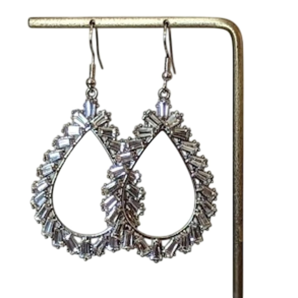 Baguette Crystal Teardrop Silver Tone Earrings