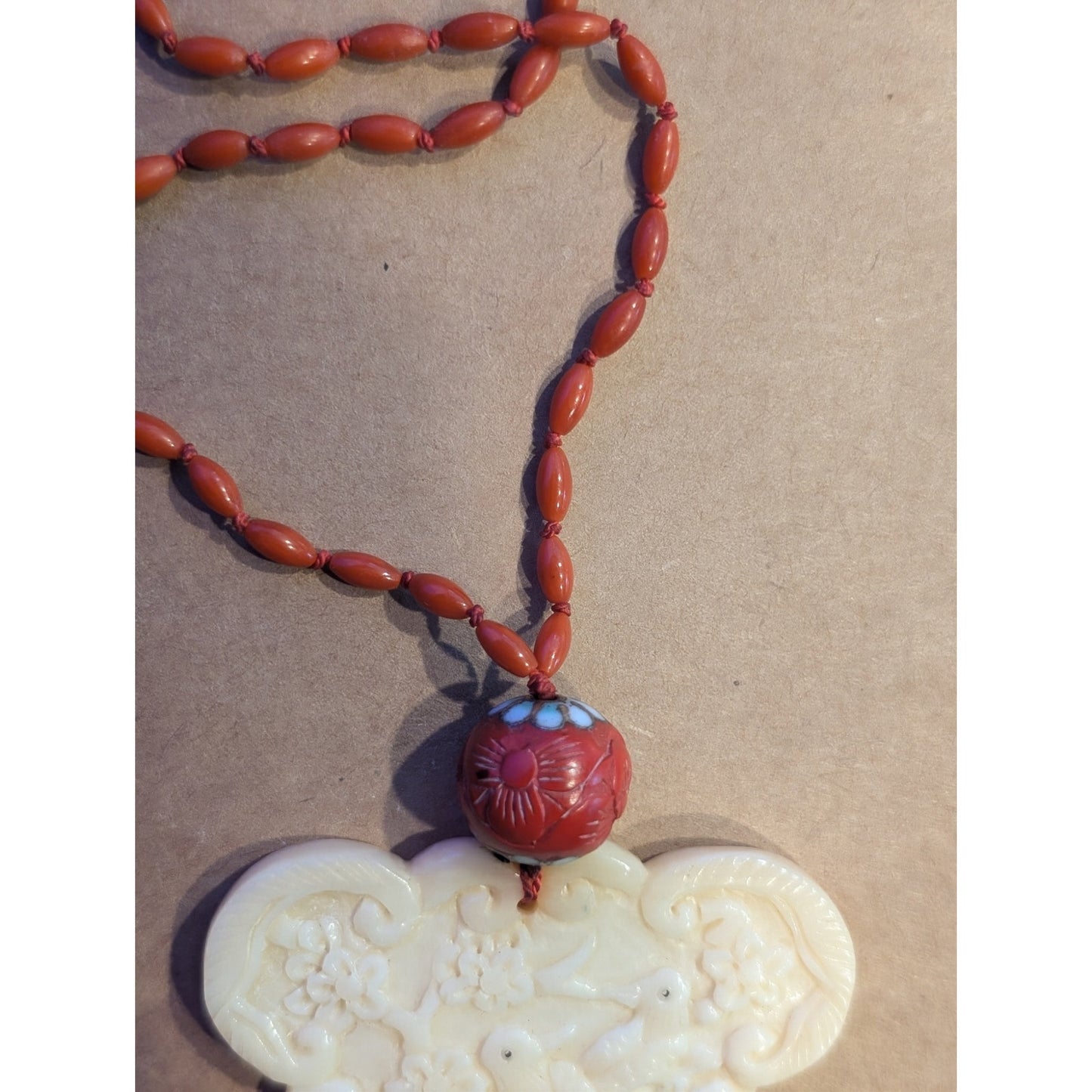 Antique Carved Birds Asian Medallion Hand-Knotted Beaded Necklace