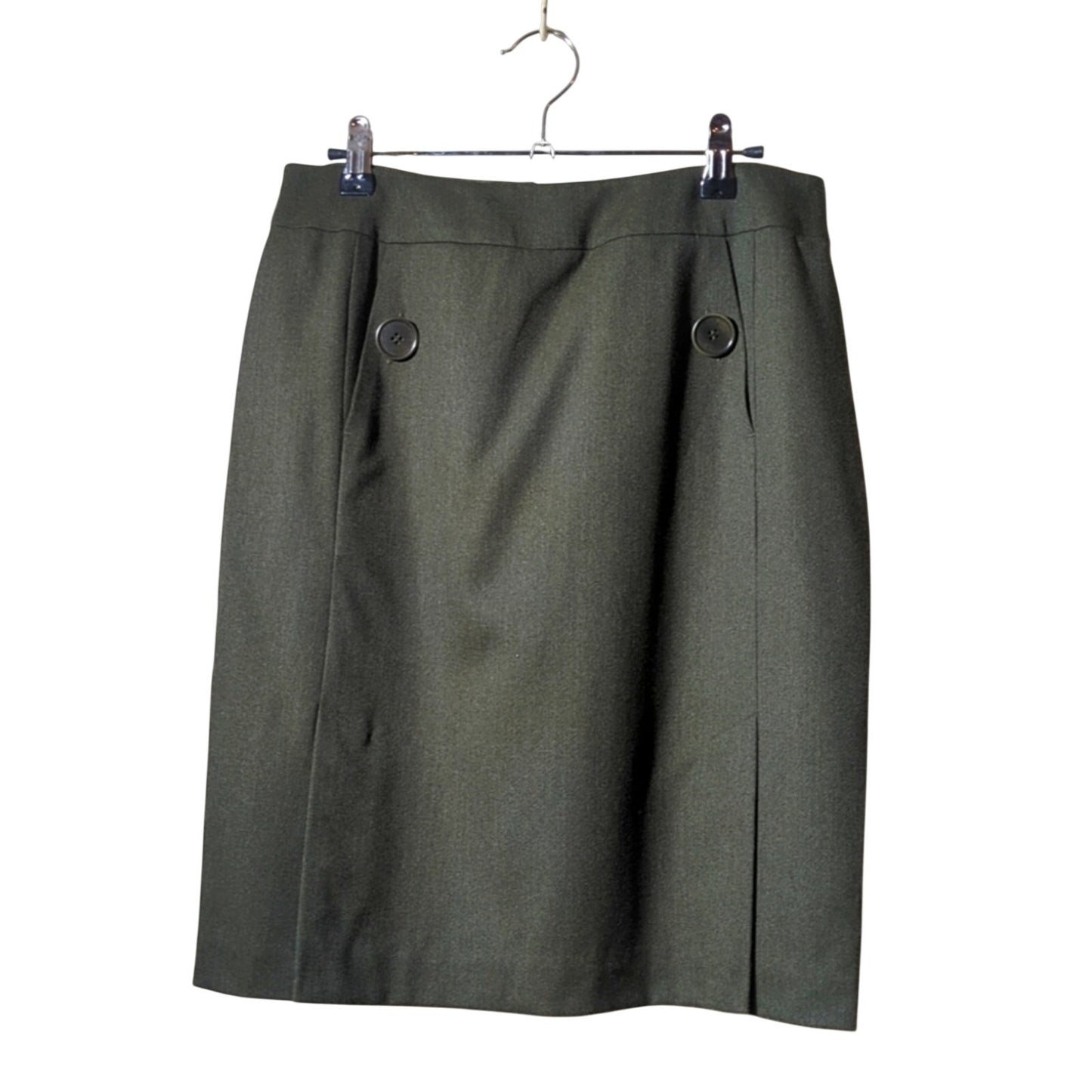 Talbots Loden Green Wool Front Panel Kick Pleat Button Pocket Skirt Petite Sz 8