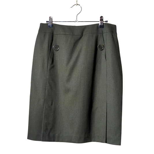 Talbots Loden Green Wool Front Panel Kick Pleat Button Pocket Skirt Petite Sz 8