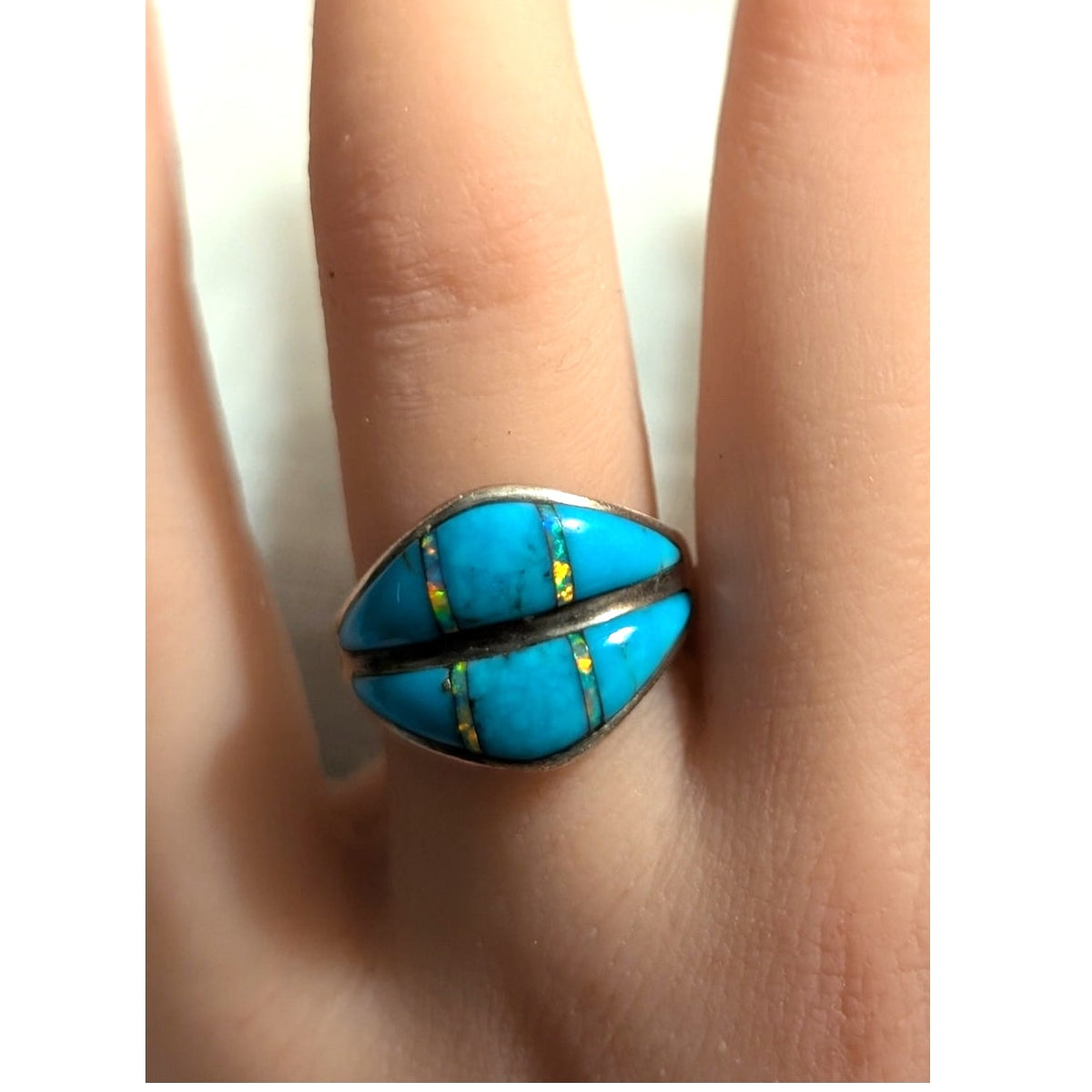 VTG Hallmark Stamped 'Feather Sterling' Turquoise Opal Inlay Ring Sz 6.5-6.75