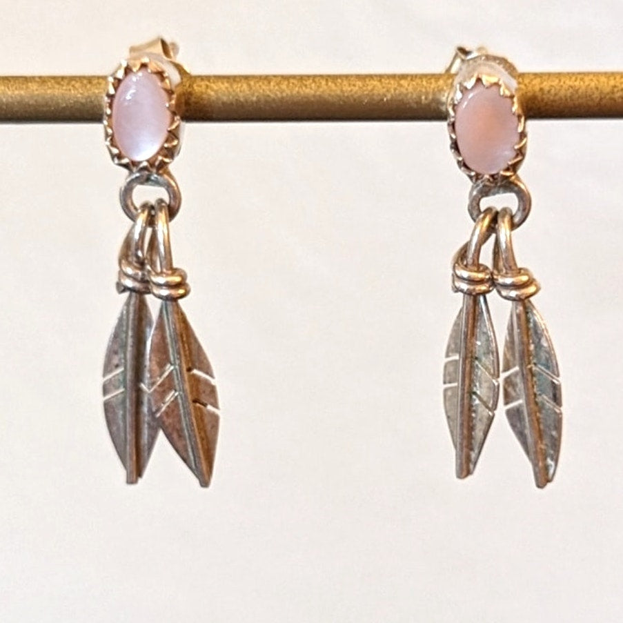 Native American Pink Stone Teardrop Ring Sz 4.75 & Feather Dangle Earring Set