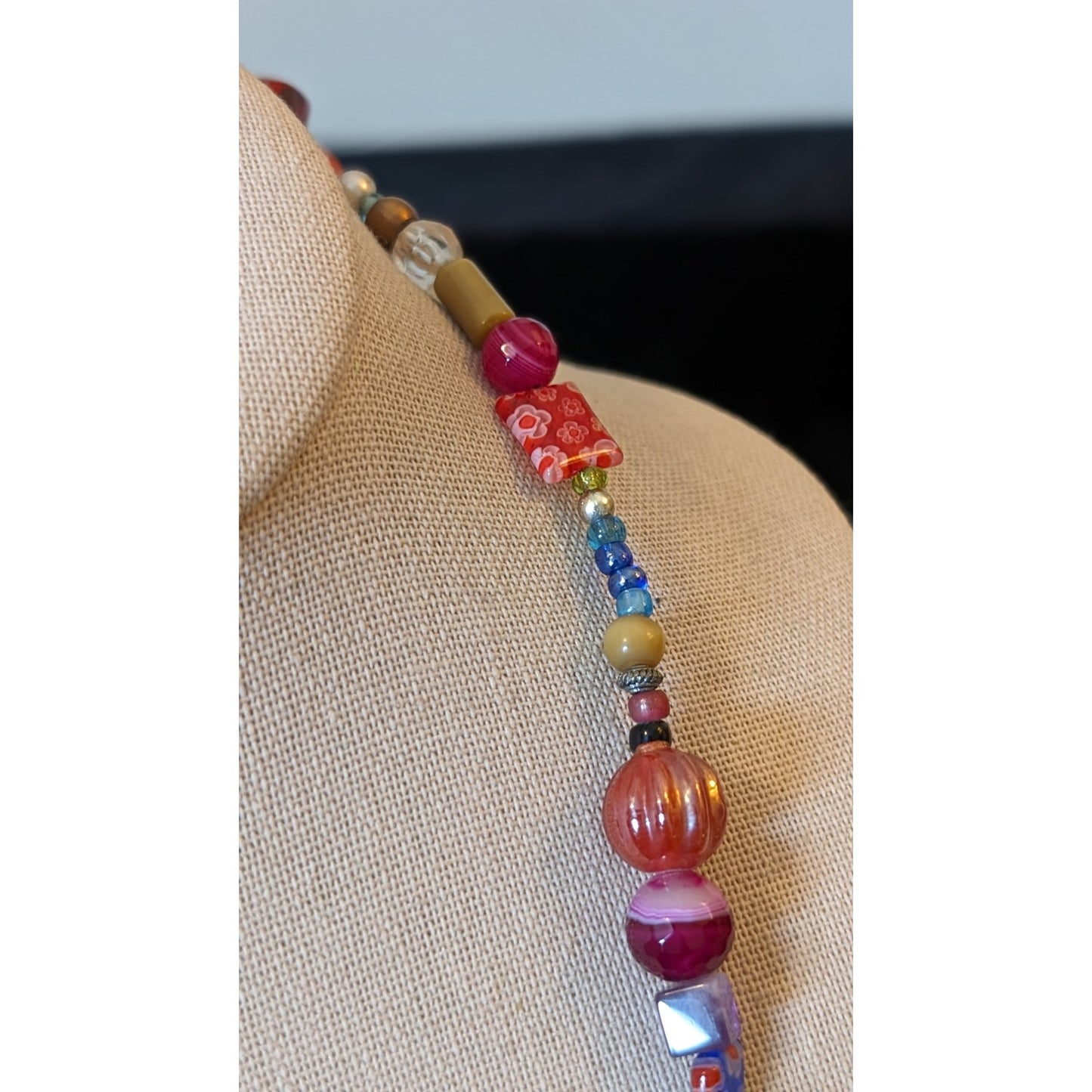 Millefiori Venetian & Murano Glass Bead Wrap Necklace W/ MOP Horn Pendant