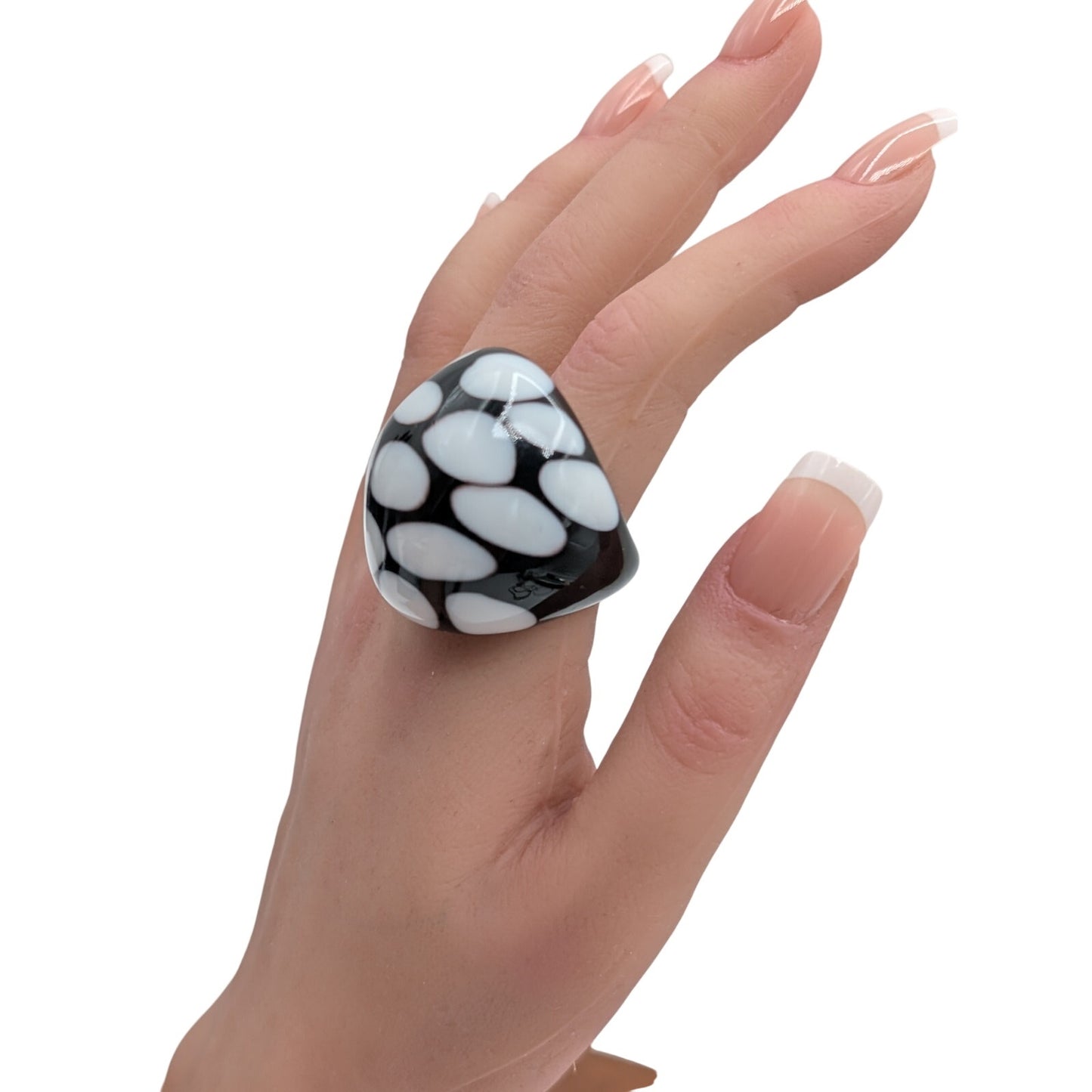 Chunky Black Polka Dot Lampwork Glass Dome Ring Size 6