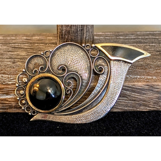 Antique Sterling Black Cabochon & Inlay Two Tone Push-Pull Trombone Back Brooch
