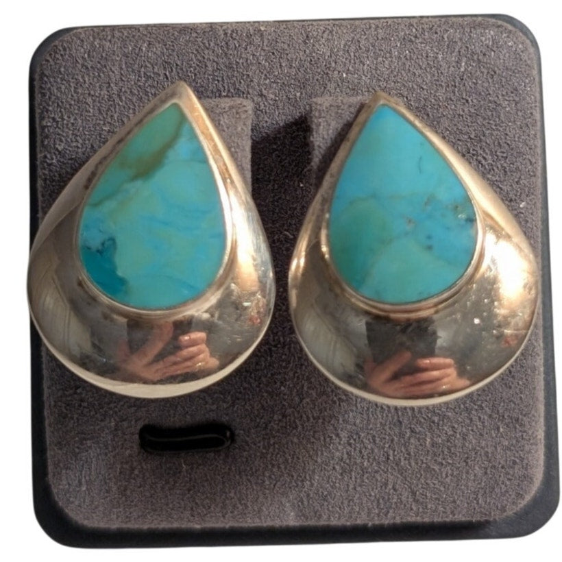 Vintage Turquoise Sterling Silver Teardrop Clip On Earrings