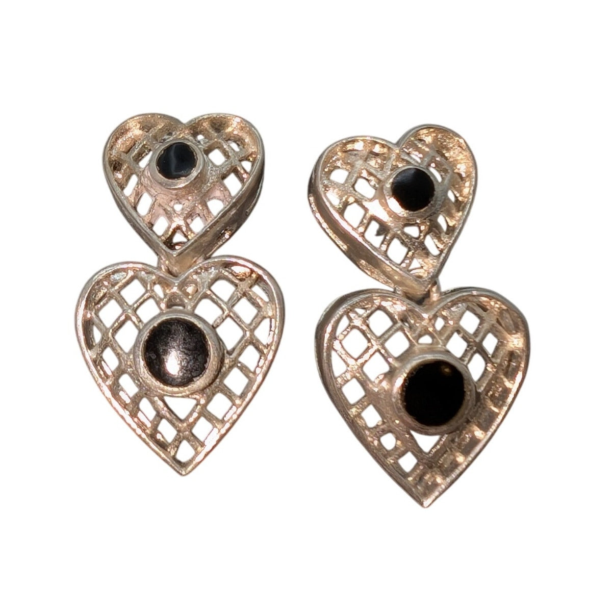 Vintage Sterling Silver Bezel Set Black Onyx Open Double Heart Dangle Earrings