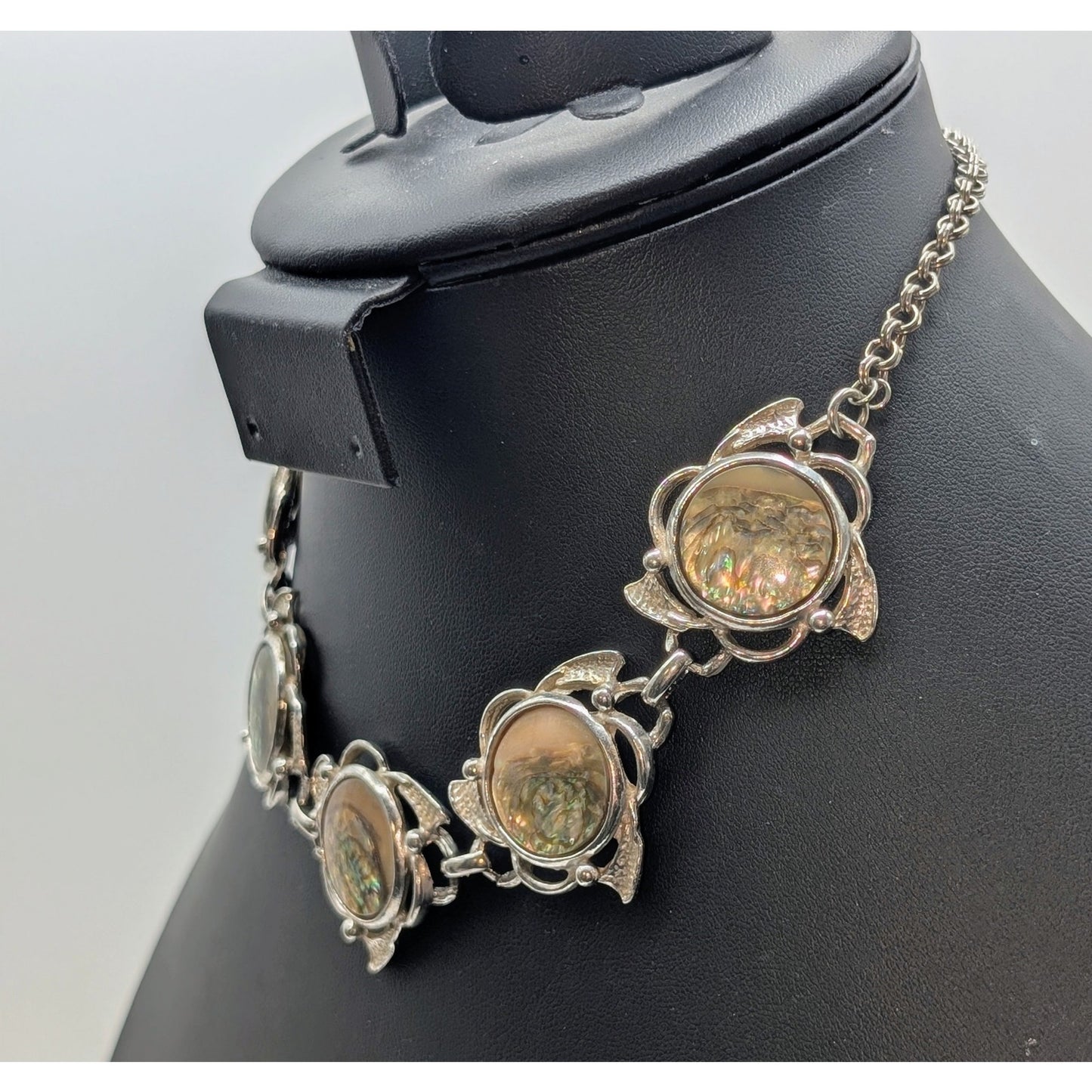 Vintage Silver Tone Abalone Shell Station Chain Hook Clasp 15" Choker Necklace