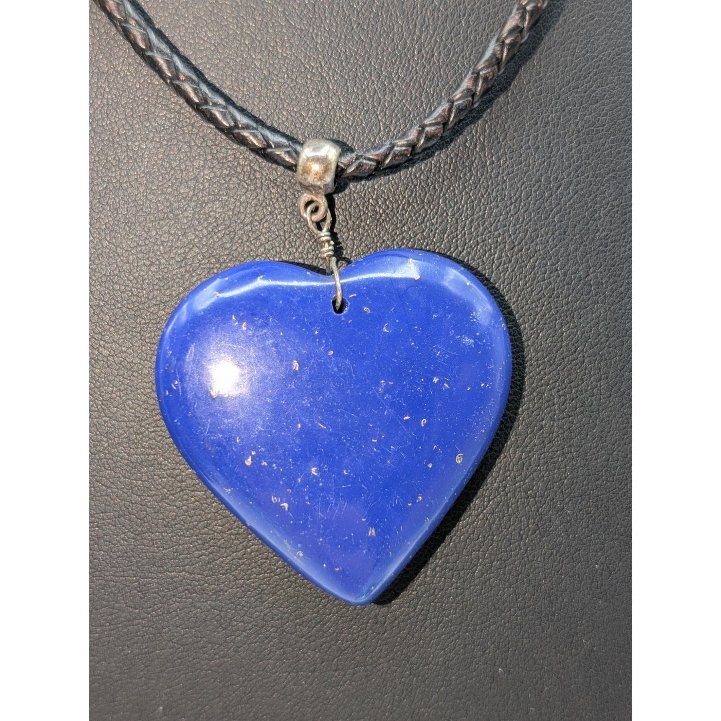 Large Blue Stone Heart Black Braided Cord Silver Tone 18"-20" Necklace