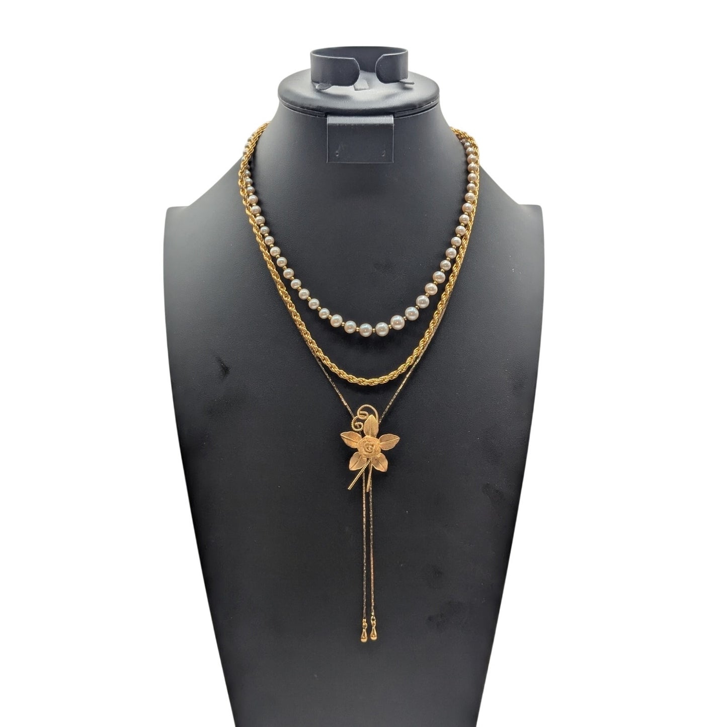 Lot of Three Gold Tone Vintage Necklaces-Mesh Flower Lariat Chain Faux Pearl