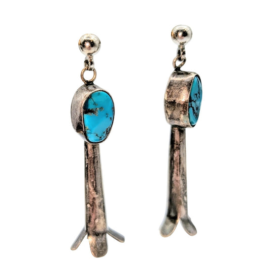 Vintage Turquoise 925 Sterling Silver Squash Blossom Dangle Pierced Earrings