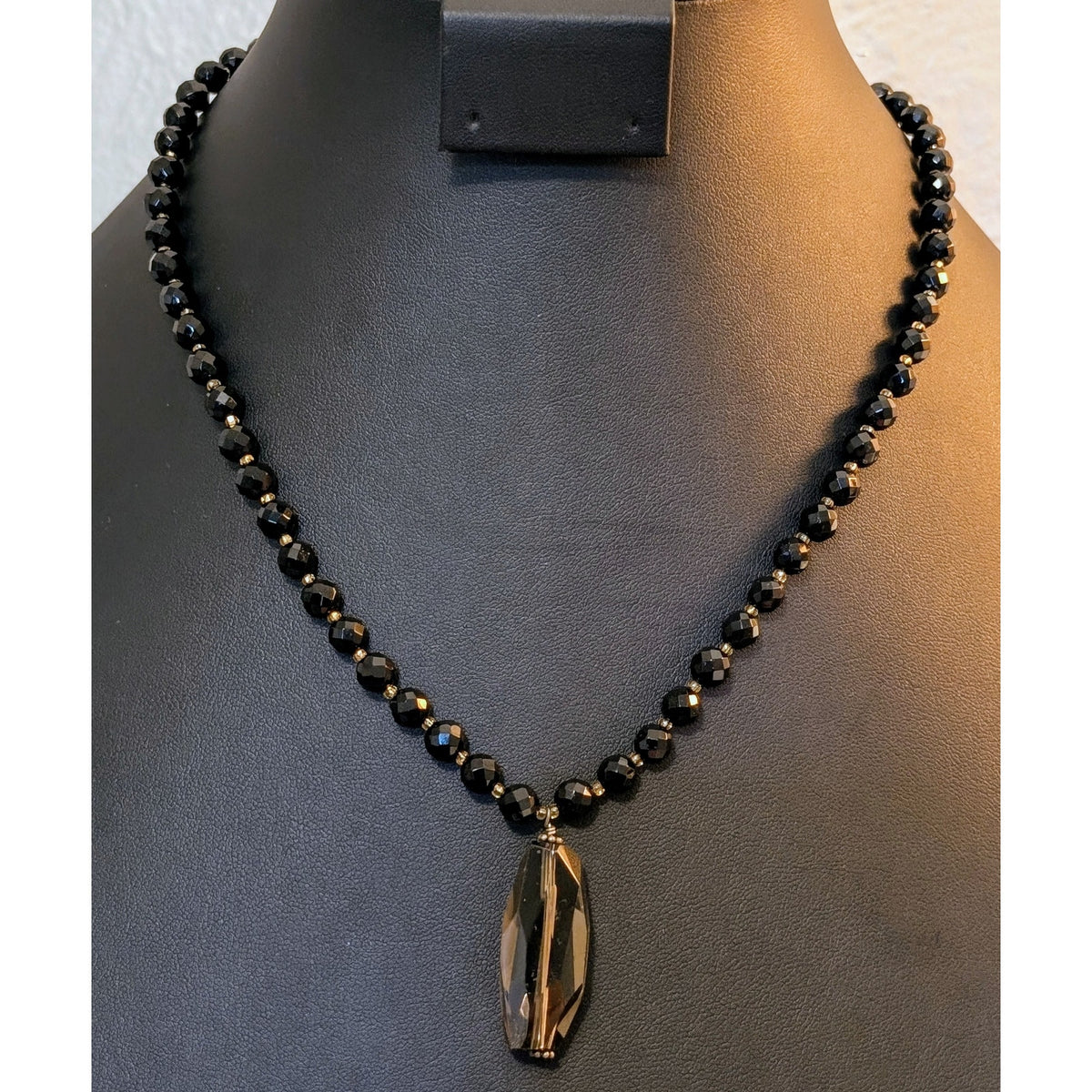 Peyote Bird Black Onyx Faceted Beads & Elongated Smoky Quartz Pendant Necklace